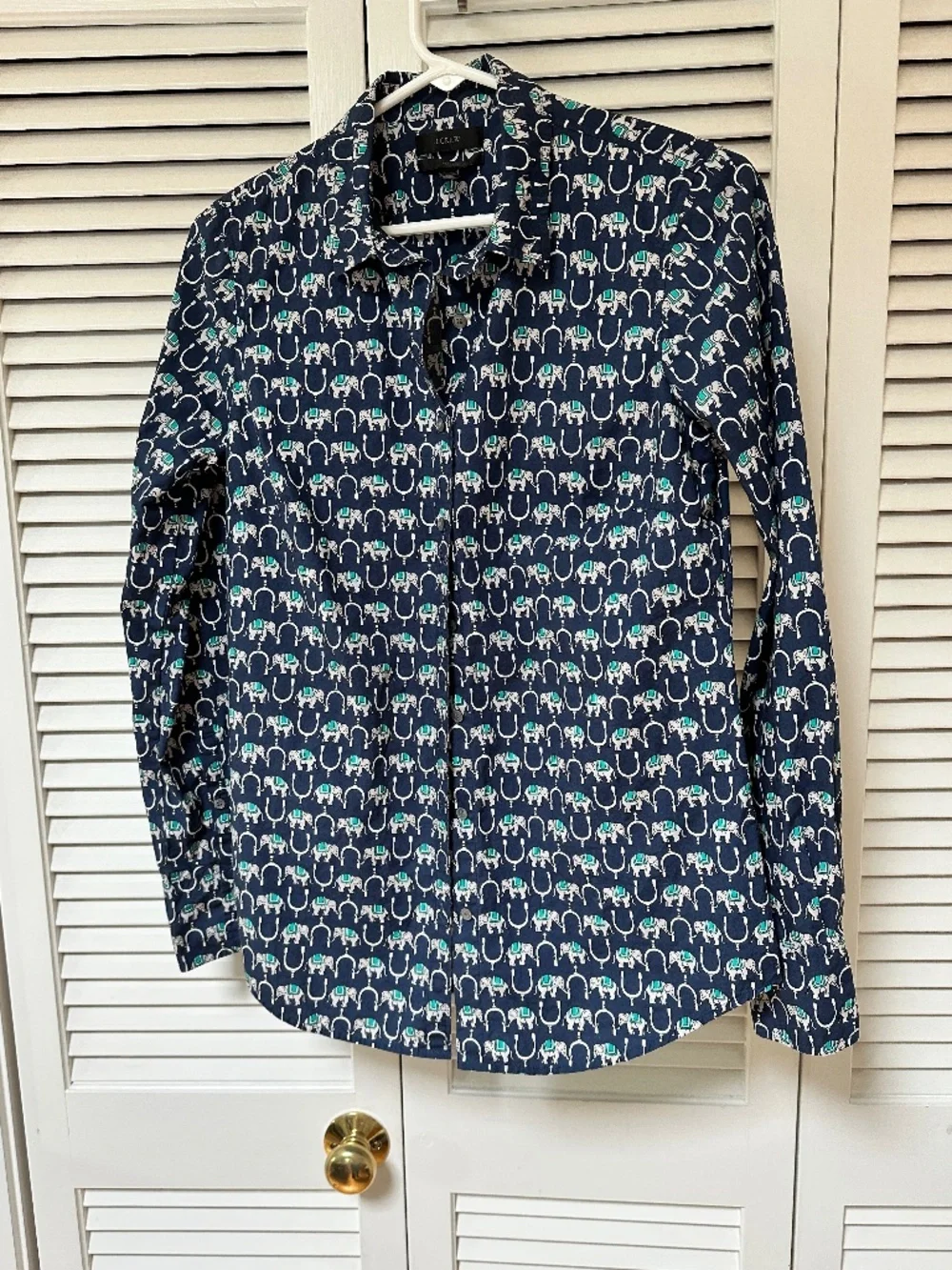 J. Crew Perfect Button Down Cotton Blouse Blue Teal White Elephants Print Small